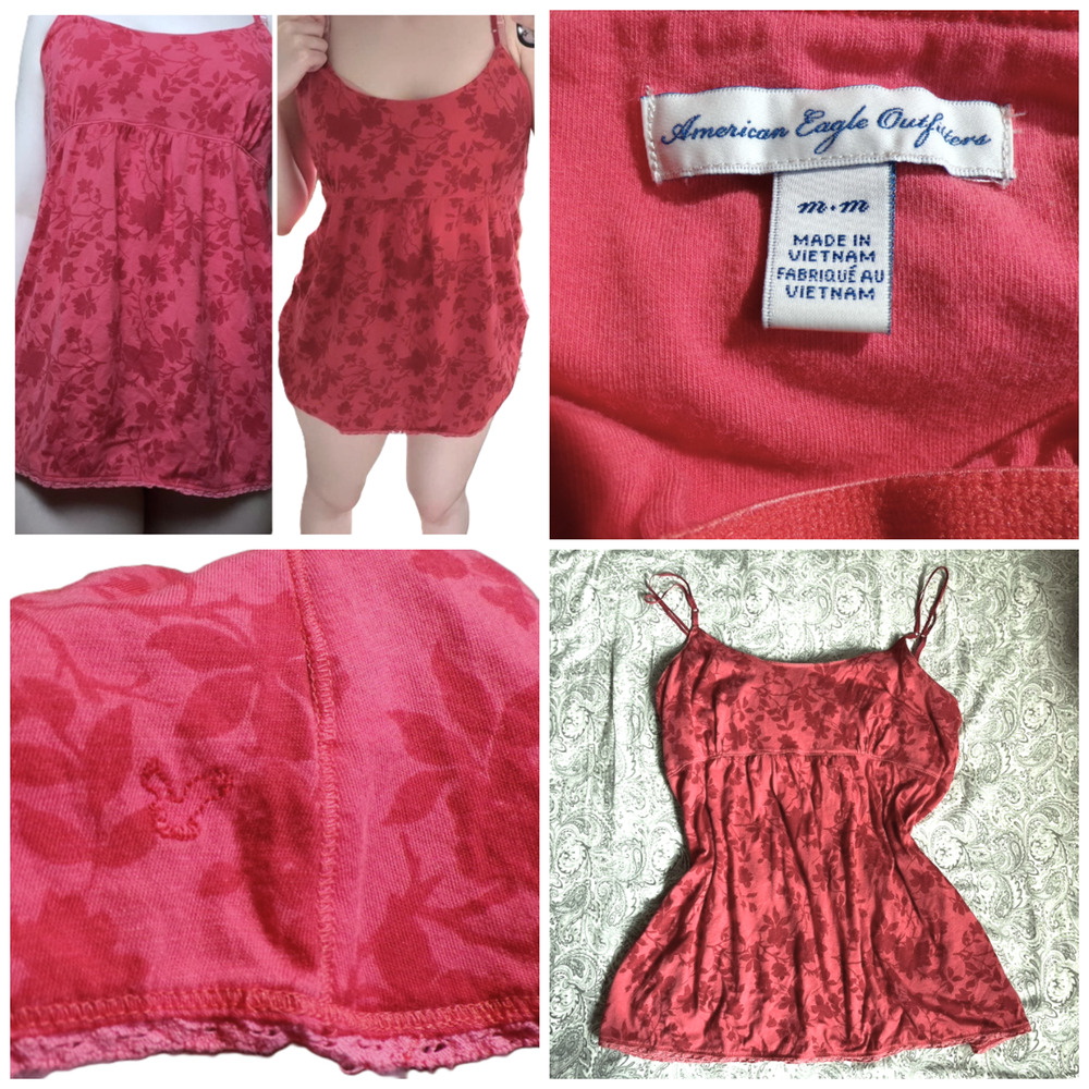 Y2k American Eagle Babydoll Tank Lace M Long‎ Red pink floral strappy Shelf bra